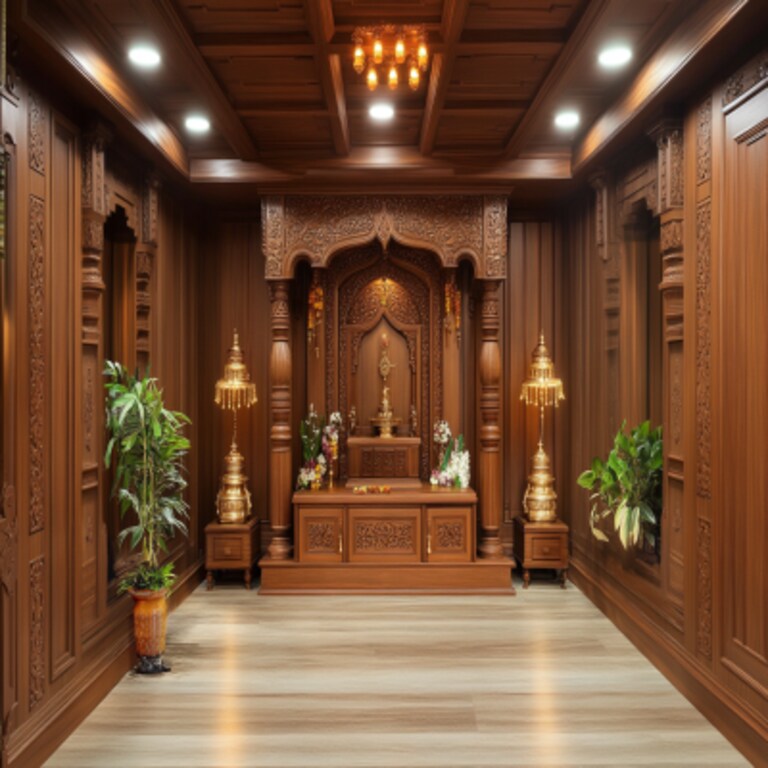 Spacious Wooden-Themed Mandir Design With Storage Units